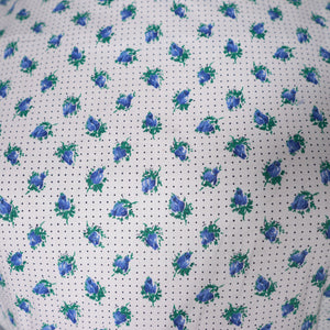 60s BLUE WHITE ROSEBUD FLORAL AND POLKA DOT PRINT COTTON DAY DRESS - XS / petite fit