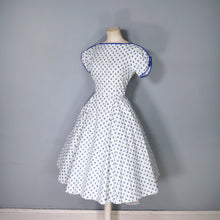 Load image into Gallery viewer, 60s BLUE WHITE ROSEBUD FLORAL AND POLKA DOT PRINT COTTON DAY DRESS - XS / petite fit