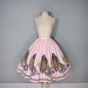 50s PASTEL PINK JOHN WOLF NOVELTY BORDER PRINT FULL SKIRT -  25.5"