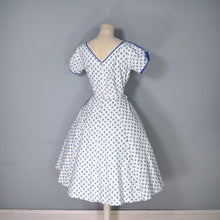 Load image into Gallery viewer, 60s BLUE WHITE ROSEBUD FLORAL AND POLKA DOT PRINT COTTON DAY DRESS - XS / petite fit