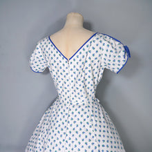 Load image into Gallery viewer, 60s BLUE WHITE ROSEBUD FLORAL AND POLKA DOT PRINT COTTON DAY DRESS - XS / petite fit