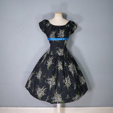 Load image into Gallery viewer, 50s BETTY LO BLACK FLORAL DRESS WITH FULL SKIRT AND SHELF BUST - M