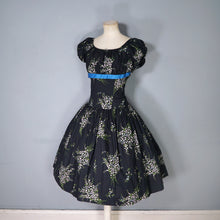 Load image into Gallery viewer, 50s BETTY LO BLACK FLORAL DRESS WITH FULL SKIRT AND SHELF BUST - M