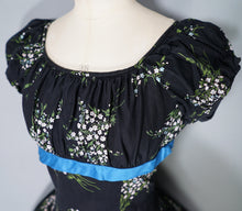 Load image into Gallery viewer, 50s BETTY LO BLACK FLORAL DRESS WITH FULL SKIRT AND SHELF BUST - M