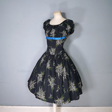Load image into Gallery viewer, 50s BETTY LO BLACK FLORAL DRESS WITH FULL SKIRT AND SHELF BUST - M