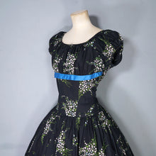 Load image into Gallery viewer, 50s BETTY LO BLACK FLORAL DRESS WITH FULL SKIRT AND SHELF BUST - M