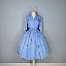 Load image into Gallery viewer, 60s JANELL OF CALIFORNIA LIGHT BLUE POLKA DOT FULL SKIRTED SHIRT DRESS - S