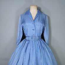 Load image into Gallery viewer, 60s JANELL OF CALIFORNIA LIGHT BLUE POLKA DOT FULL SKIRTED SHIRT DRESS - S