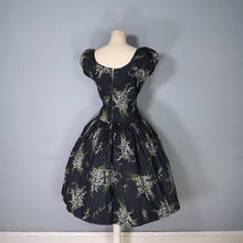 Load image into Gallery viewer, 50s BETTY LO BLACK FLORAL DRESS WITH FULL SKIRT AND SHELF BUST - M