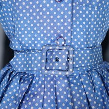 Load image into Gallery viewer, 60s JANELL OF CALIFORNIA LIGHT BLUE POLKA DOT FULL SKIRTED SHIRT DRESS - S