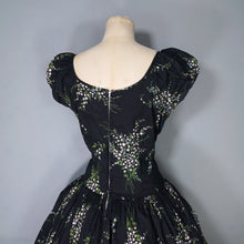 Load image into Gallery viewer, 50s BETTY LO BLACK FLORAL DRESS WITH FULL SKIRT AND SHELF BUST - M