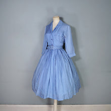 Load image into Gallery viewer, 60s JANELL OF CALIFORNIA LIGHT BLUE POLKA DOT FULL SKIRTED SHIRT DRESS - S