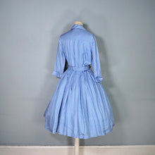Load image into Gallery viewer, 60s JANELL OF CALIFORNIA LIGHT BLUE POLKA DOT FULL SKIRTED SHIRT DRESS - S