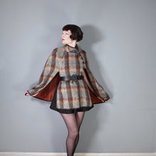 Load image into Gallery viewer, 70s FLUFFY LONG HAIRED MOHAIR GREY AND BROWN CHECK BLANKET CAPE COAT - S-M