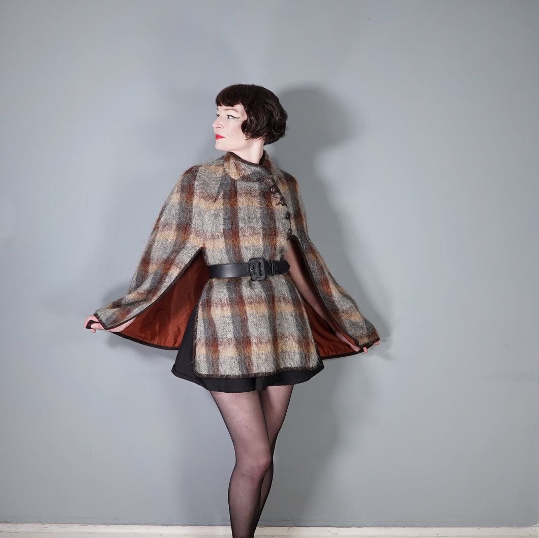 70s FLUFFY LONG HAIRED MOHAIR GREY AND BROWN CHECK BLANKET CAPE COAT - S-M