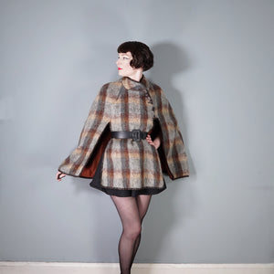 70s FLUFFY LONG HAIRED MOHAIR GREY AND BROWN CHECK BLANKET CAPE COAT - S-M