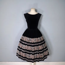 Load image into Gallery viewer, 50s FULL SKIRTED BLACK VELVET EVENING DRESS WITH BORDER PATTERN FULL SKIRT - S