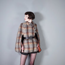 Load image into Gallery viewer, 70s FLUFFY LONG HAIRED MOHAIR GREY AND BROWN CHECK BLANKET CAPE COAT - S-M