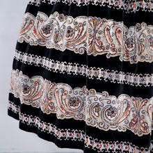 Load image into Gallery viewer, 50s FULL SKIRTED BLACK VELVET EVENING DRESS WITH BORDER PATTERN FULL SKIRT - S