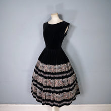 Load image into Gallery viewer, 50s FULL SKIRTED BLACK VELVET EVENING DRESS WITH BORDER PATTERN FULL SKIRT - S