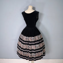 Load image into Gallery viewer, 50s FULL SKIRTED BLACK VELVET EVENING DRESS WITH BORDER PATTERN FULL SKIRT - S