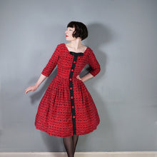 Load image into Gallery viewer, 50s RED AND BLACK ANIMAL FOLK PRINT FULL SKIRTED CORDUROY DRESS - M