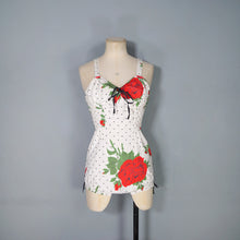 Load image into Gallery viewer, 50s RED ROSE FLORAL PRINT SHIRRED COTTON SWIMSUIT / BATHER - S-M