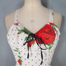 Load image into Gallery viewer, 50s RED ROSE FLORAL PRINT SHIRRED COTTON SWIMSUIT / BATHER - S-M
