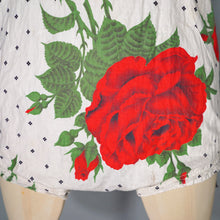 Load image into Gallery viewer, 50s RED ROSE FLORAL PRINT SHIRRED COTTON SWIMSUIT / BATHER - S-M