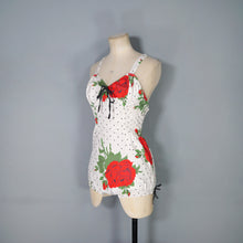 Load image into Gallery viewer, 50s RED ROSE FLORAL PRINT SHIRRED COTTON SWIMSUIT / BATHER - S-M