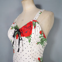Load image into Gallery viewer, 50s RED ROSE FLORAL PRINT SHIRRED COTTON SWIMSUIT / BATHER - S-M