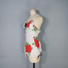 Load image into Gallery viewer, 50s RED ROSE FLORAL PRINT SHIRRED COTTON SWIMSUIT / BATHER - S-M
