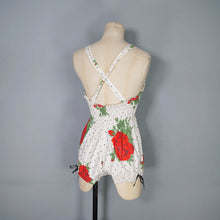 Load image into Gallery viewer, 50s RED ROSE FLORAL PRINT SHIRRED COTTON SWIMSUIT / BATHER - S-M