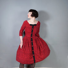 Load image into Gallery viewer, 50s RED AND BLACK ANIMAL FOLK PRINT FULL SKIRTED CORDUROY DRESS - M