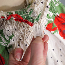 Load image into Gallery viewer, 50s RED ROSE FLORAL PRINT SHIRRED COTTON SWIMSUIT / BATHER - S-M