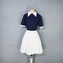 Load image into Gallery viewer, 60s 70s PLEATED BLUE WHITE COLLARED SAILOR DRESS WITH ANCHOR POCKET - S-M