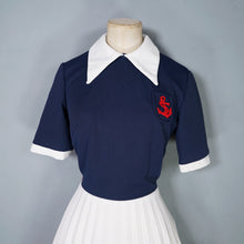 Load image into Gallery viewer, 60s 70s PLEATED BLUE WHITE COLLARED SAILOR DRESS WITH ANCHOR POCKET - S-M