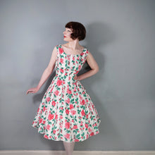 Load image into Gallery viewer, 50s PINK ROSE FLORAL PRINT FIT AND FLARE RAYON DRESS - L