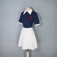 Load image into Gallery viewer, 60s 70s PLEATED BLUE WHITE COLLARED SAILOR DRESS WITH ANCHOR POCKET - S-M