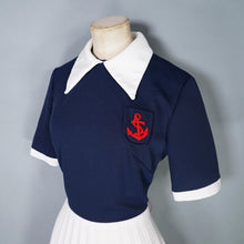Load image into Gallery viewer, 60s 70s PLEATED BLUE WHITE COLLARED SAILOR DRESS WITH ANCHOR POCKET - S-M