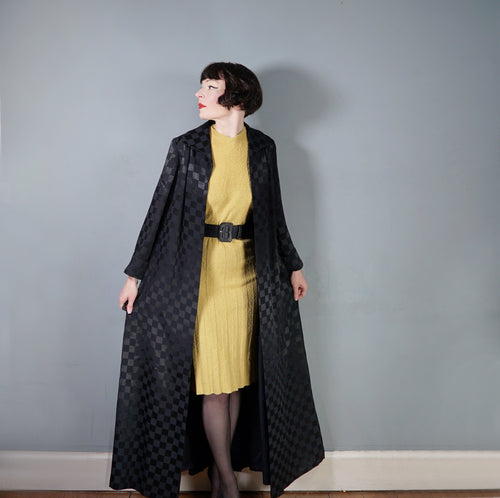 60s EASTEX LONG BLACK CHECKERBOARD SATIN EVENING DRESS COAT - M