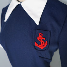Load image into Gallery viewer, 60s 70s PLEATED BLUE WHITE COLLARED SAILOR DRESS WITH ANCHOR POCKET - S-M