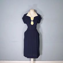 Load image into Gallery viewer, 40s BLUE RAYON DRESS WITH TIE COLLAR STYLED BY WELL-MADE - S-M