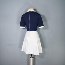 Load image into Gallery viewer, 60s 70s PLEATED BLUE WHITE COLLARED SAILOR DRESS WITH ANCHOR POCKET - S-M