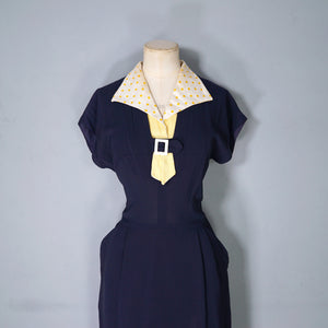 40s BLUE RAYON DRESS WITH TIE COLLAR STYLED BY WELL-MADE - S-M