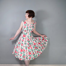 Load image into Gallery viewer, 50s PINK ROSE FLORAL PRINT FIT AND FLARE RAYON DRESS - L