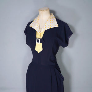 40s BLUE RAYON DRESS WITH TIE COLLAR STYLED BY WELL-MADE - S-M