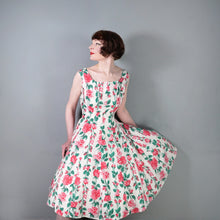 Load image into Gallery viewer, 50s PINK ROSE FLORAL PRINT FIT AND FLARE RAYON DRESS - L