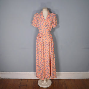 40s ORANGE PAISLEY PRINT SOFT RAYON ROBE / WRAP DRESS - S