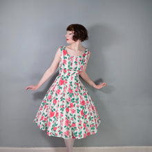 Load image into Gallery viewer, 50s PINK ROSE FLORAL PRINT FIT AND FLARE RAYON DRESS - L